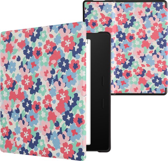 kwmobile e-reader hoesje geschikt voor Amazon Kindle Oasis 10. Generation hoes - E reader flip case met magnetische sluiting - Ereader cover - Pastelbloemen design in rood / oudroze / blauw