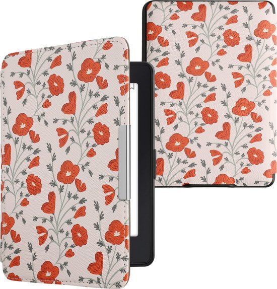 kwmobile e-reader hoesje geschikt voor Amazon Kindle Paperwhite hoes - E reader flip case met magnetische sluiting - Ereader cover - Klaprozen design in rood / groen / beige