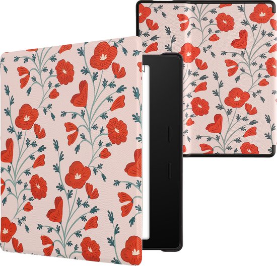 kwmobile e-reader hoesje geschikt voor Amazon Kindle Oasis 10. Generation hoes - E reader flip case met magnetische sluiting - Ereader cover - Klaprozen design in rood / groen / beige