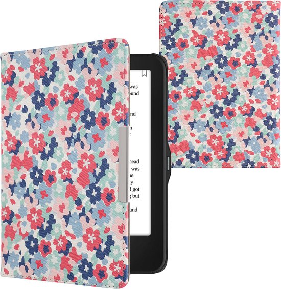 kwmobile e-reader hoesje geschikt voor Tolino Vision 1 / 2 / 3 / 4 HD hoes - E reader flip case met magnetische sluiting - Ereader cover - Pastelbloemen design in rood / oudroze / blauw