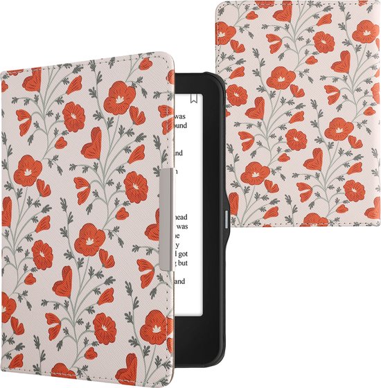 kwmobile e-reader hoesje geschikt voor Tolino Vision 1 / 2 / 3 / 4 HD hoes - E reader flip case met magnetische sluiting - Ereader cover - Klaprozen design in rood / groen / beige