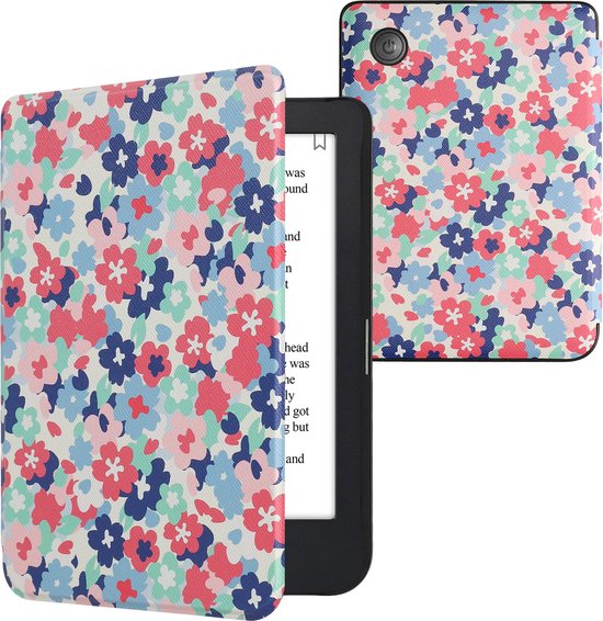 kwmobile e-reader hoesje geschikt voor Kobo Clara 2E hoes - E reader flip case met magnetische sluiting - Ereader cover - Pastelbloemen design in rood / oudroze / blauw