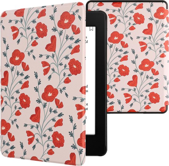 kwmobile e-reader hoesje geschikt voor Amazon Kindle Paperwhite 11. Generation 2021 hoes - E reader flip case met magnetische sluiting - Ereader cover - Klaprozen design in rood / groen / beige