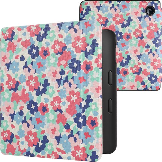 kwmobile e-reader hoesje geschikt voor Kobo Libra 2 hoes - E reader flip case met magnetische sluiting - Ereader cover - Pastelbloemen design in rood / oudroze / blauw