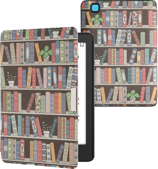 kwmobile e-reader hoesje geschikt voor Kobo Aura Edition 2 hoes - E reader flip case met magnetische sluiting - Ereader cover - Zomerse bibliotheek design in blauw / groen / roze