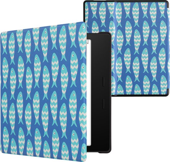 kwmobile e-reader hoesje geschikt voor Amazon Kindle Oasis 10. Generation hoes - E reader flip case met magnetische sluiting - Ereader cover - Visjespatroon design in blauw / lichtblauw / wit
