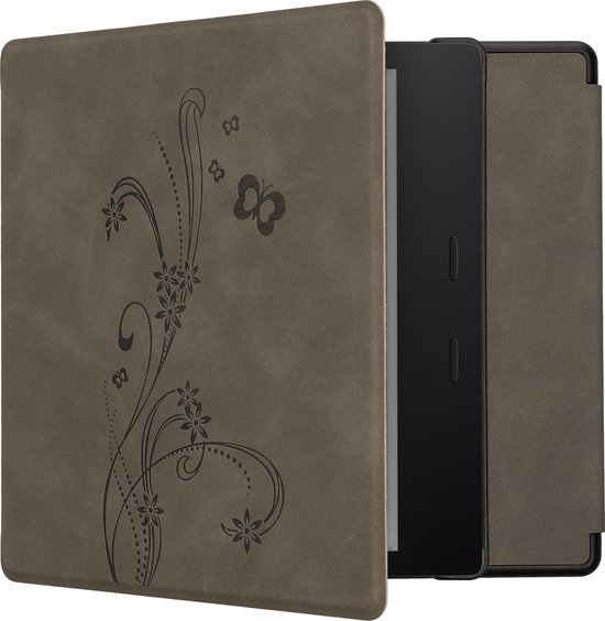 kwmobile e-reader hoesje geschikt voor Amazon Kindle Oasis 10. Generation hoes - Ereader flip case met standaard - Kunstleren e reader cover - Stengels en Vlinder design in grijs