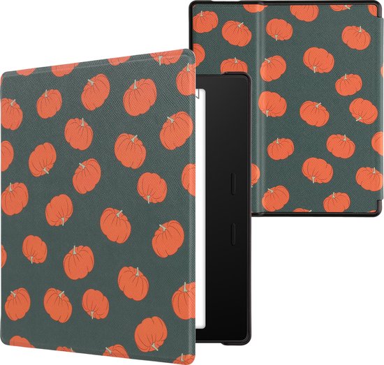 kwmobile e-reader hoesje geschikt voor Amazon Kindle Oasis 10. Generation hoes - E reader flip case met magnetische sluiting - Ereader cover - Pompoentjes design in oranje / groen / lichtgroen