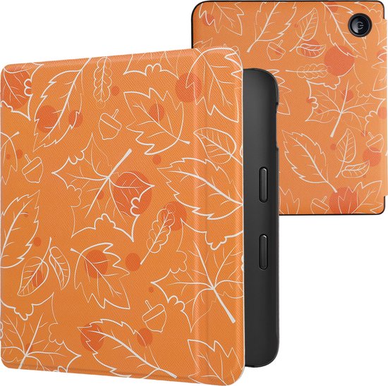 kwmobile e-reader hoesje geschikt voor Kobo Libra 2 hoes - E reader flip case met magnetische sluiting - Ereader cover - Herfst design in wit / oranje / bruin