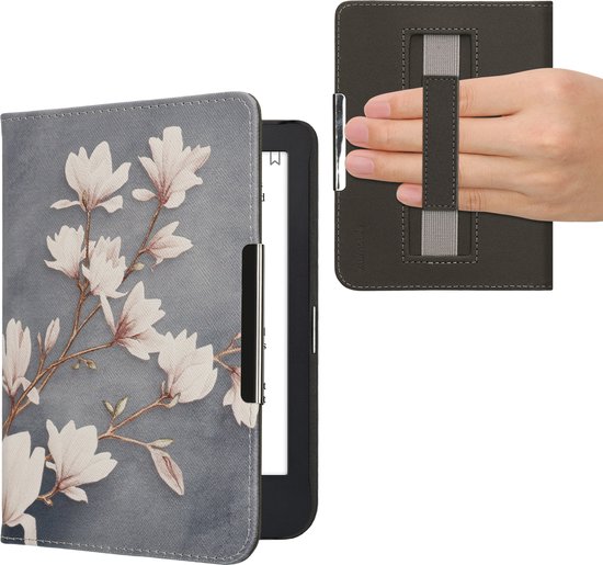 kwmobile e-reader hoesje geschikt voor Kobo Clara 2E hoes - E reader flip case met magneetsluiting - Ereader cover - Magnolia design in taupe / wit / blauwgrijs