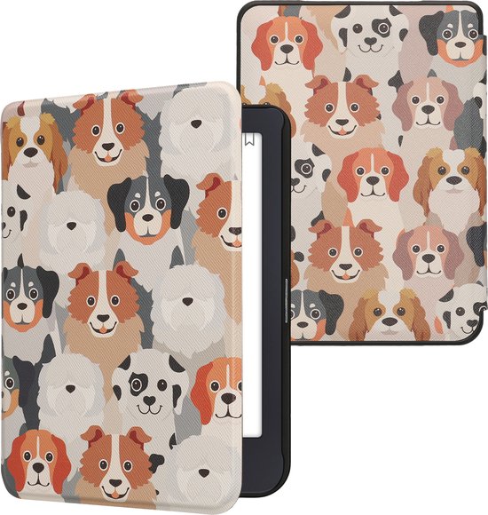 kwmobile e-reader hoesje geschikt voor Tolino Shine 3 hoes - E reader flip case met magnetische sluiting - Ereader cover - Honden Ontwerp design in wit / lichtbruin / grijs