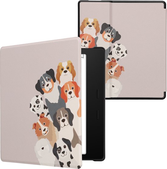 kwmobile e-reader hoesje geschikt voor Amazon Kindle Oasis 10. Generation hoes - E reader flip case met magnetische sluiting - Ereader cover - Grappige Honden design in bruin / wit / taupe