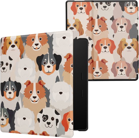 kwmobile e-reader hoesje geschikt voor Amazon Kindle Oasis 10. Generation hoes - E reader flip case met magnetische sluiting - Ereader cover - Honden Ontwerp design in wit / lichtbruin / grijs