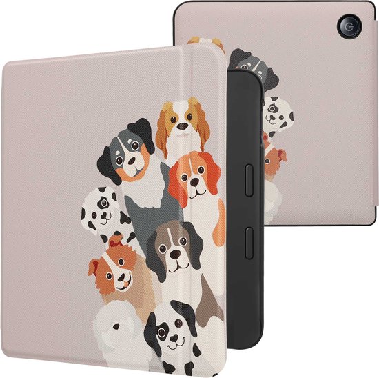 kwmobile e-reader hoesje geschikt voor Tolino Vision 6 hoes - E reader flip case met magnetische sluiting - Ereader cover - Grappige Honden design in bruin / wit / taupe