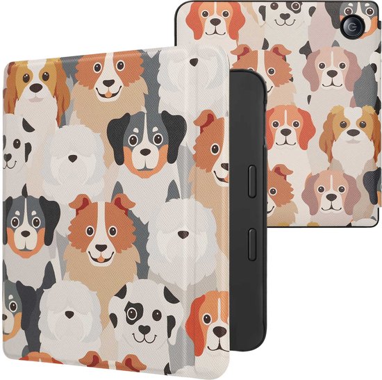 kwmobile e-reader hoesje geschikt voor Tolino Vision 6 hoes - E reader flip case met magnetische sluiting - Ereader cover - Honden Ontwerp design in wit / lichtbruin / grijs