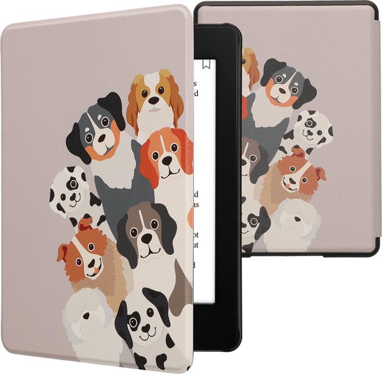 kwmobile e-reader hoesje geschikt voor Amazon Kindle Paperwhite 11. Generation 2021 hoes - E reader flip case met magnetische sluiting - Ereader cover - Grappige Honden design in bruin / wit / taupe