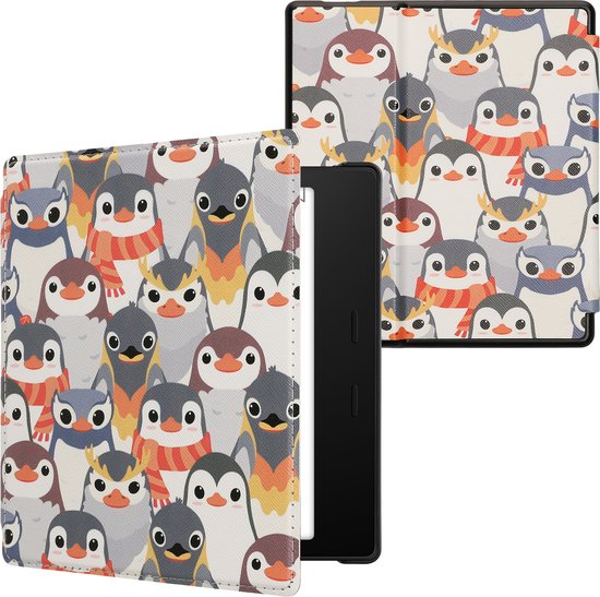 kwmobile e-reader hoesje geschikt voor Amazon Kindle Oasis 10. Generation hoes - E reader flip case met magnetische sluiting - Ereader cover - Pinguïn Ontwerp design in grijs / geel / bruin