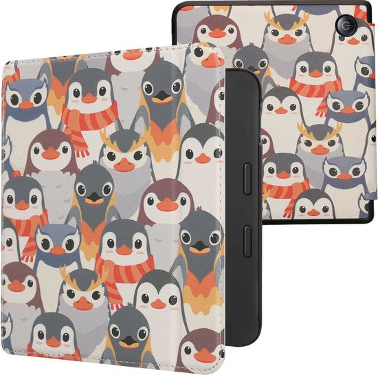 kwmobile e-reader hoesje geschikt voor Tolino Vision 6 hoes - E reader flip case met magnetische sluiting - Ereader cover - Pinguïn Ontwerp design in grijs / geel / bruin