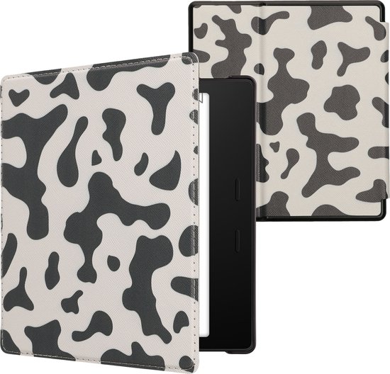 kwmobile e-reader hoesje geschikt voor Amazon Kindle Oasis 10. Generation hoes - E reader flip case met magnetische sluiting - Ereader cover - Koeien Patroon design in zwart / wit