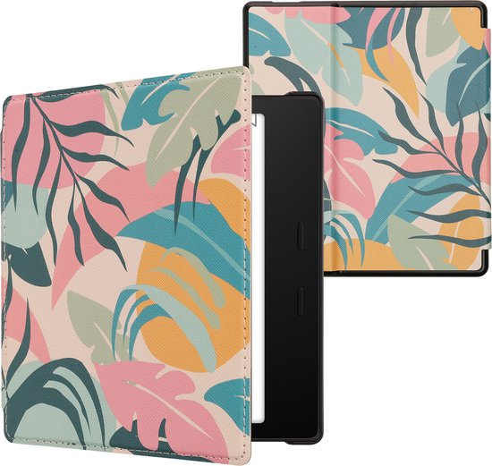kwmobile e-reader hoesje geschikt voor Amazon Kindle Oasis 10. Generation hoes - E reader flip case met magnetische sluiting - Ereader cover - Tropische jungle design in poederroze / geel / groen