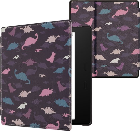 kwmobile e-reader hoesje geschikt voor Amazon Kindle Oasis 10. Generation hoes - E reader flip case met magnetische sluiting - Ereader cover - Bonte dinosauriërs design in paars / geel / blauw