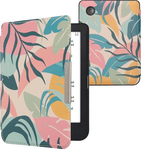kwmobile e-reader hoesje geschikt voor Kobo Clara 2E hoes - E reader flip case met magnetische sluiting - Ereader cover - Tropische jungle design in poederroze / geel / groen