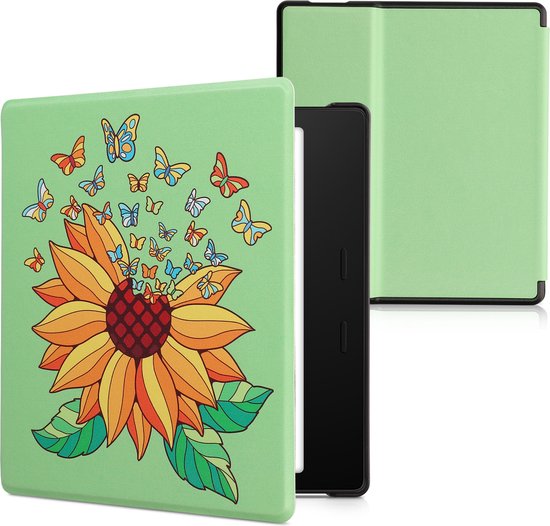 kwmobile e-reader hoesje geschikt voor Amazon Kindle Oasis 10. Generation hoes - E reader flip case met magnetische sluiting - Ereader cover - Zonnebloem met vlinders design in geel / groen