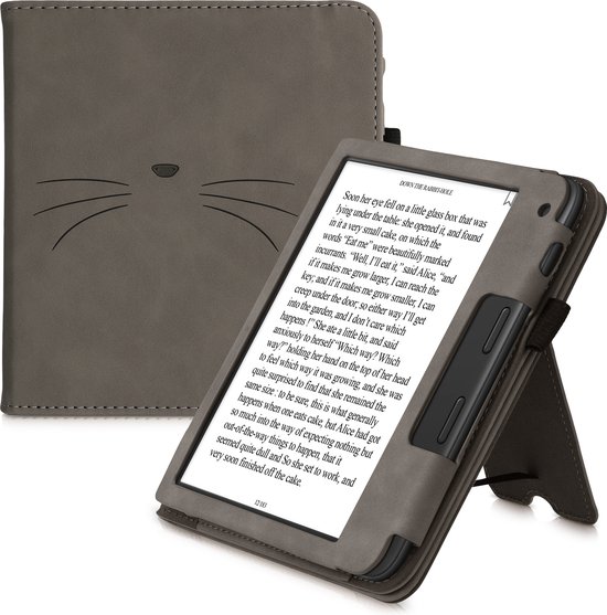 kwmobile e-reader hoesje geschikt voor Tolino Vision 6 hoes - E reader flip case van kunstleer - Ereader cover met stand - Kat Miauw design in grijs