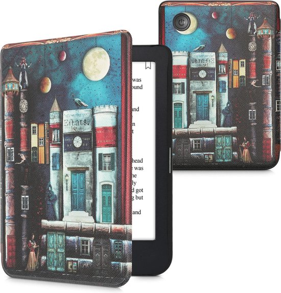 kwmobile e-reader hoesje geschikt voor Kobo Clara 2E hoes - E reader flip case met magnetische sluiting - Ereader cover - boekenstad design in meerkleurig