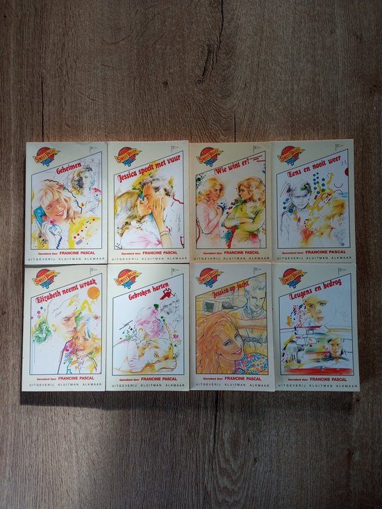 Sweet Valley High , Francine Pascal 8 Delen 1 - Deel 2 Geheimen 2 - Deel 3 Jessica Speelt met Vuur 3 - Deel 4 Wie Wint Er ? 4 - Deel 5 Eens en Nooit Weer 5 - Deel 7 Elizabeth Neemt Wraak 6 - Deel 8 Gebroken Harten 7 - Deel 9 Jessica op Jacht 8 - Deel