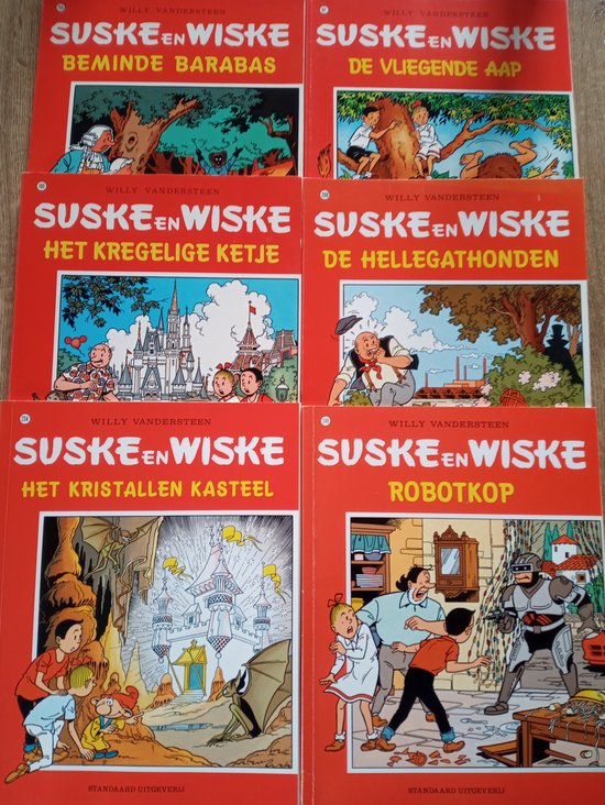 6 x Suske en Wiske , 87 De Vliegende Aap 1985 , 156 Beminde Barabas 1987 , 180 Het Kregelige Ketje 1989 , 208 De Hellegathonden 1993 , 234 Het Kristallen Kasteel 1992 , 248 Robotkop 1996