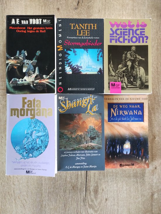 Science Fiction 6 x Meulenhoff MSF Paperback 1 - A.E. van Vogt , 3 Verhalen Maanbeest - Het Gestolen Brein - Oorlog Tegen de Rull 2 - Sam Lundwal , Wat is Science Fiction ? 3 - Fata Morgana , 20 Verhalen 4 - Shangri- La 16 Verhalen 5 - Tanith Lee , S