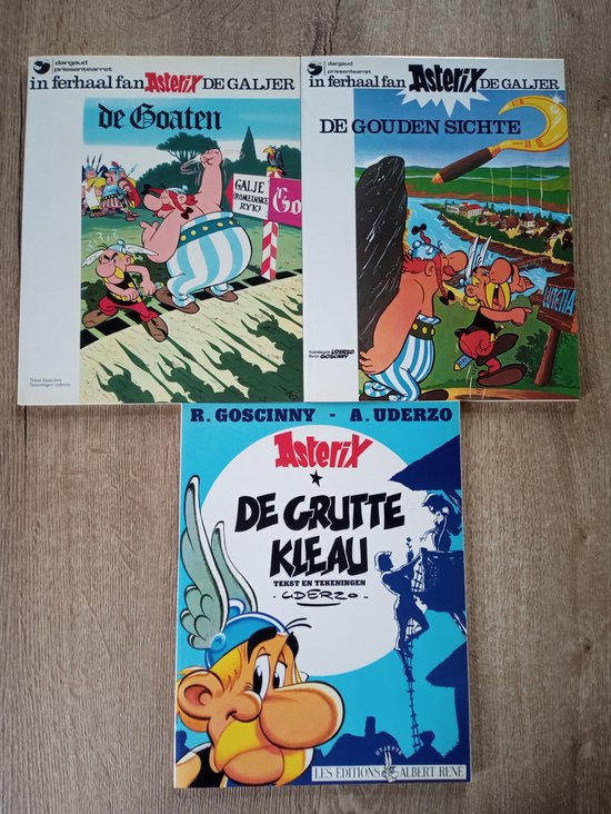 Asterix 3 x Friestalig , 1 De Gouden Sichte 1980 Paperback , pp. 46 , 2 De Goaten 1981 , Paperback , pp. 47 , 3 De Grutte Kleau 1981 Paperback , pp 48 Mooie Exemplaren , Leuk Friestalig pakket