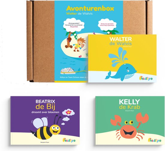 Kidiyo actiepakket - 25% KORTING - Avonturenbox & drie Voorleesboeken - Walter de Walvis - Beatrix de Bij - Kelly de Krab