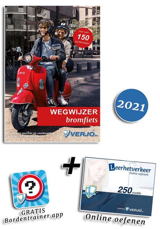 Hèt goedkoopste theoriepakket bromfiets met 250 online oefenvragen en de gratis Verjo ”Bordentrainer” App.