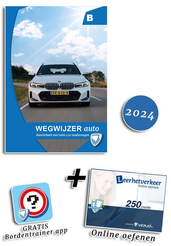 Het uitgebreide CBR -theorie-examen rijbewijspakket auto  met ruim 270 studievragen, 250 online examentrainingsvragen en gratis Verjo ”Bordentrainer” app.