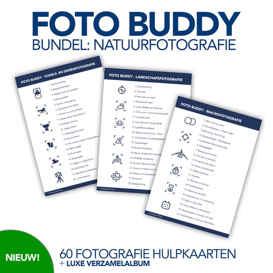 Foto Buddy Bundel Natuurfotografie (Macro, Landschap, Vogel- en Dierenfotografie) - Fotografie Hulpkaarten - 60 Hulpkaarten - Altijd de juiste instellingen bij de hand