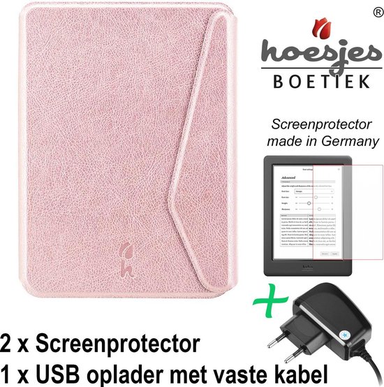 SleepCover Geschikt voor Kobo Clara HD Hoes Roze Goud + Screenprotector + Oplader - ereader hoesje - cover