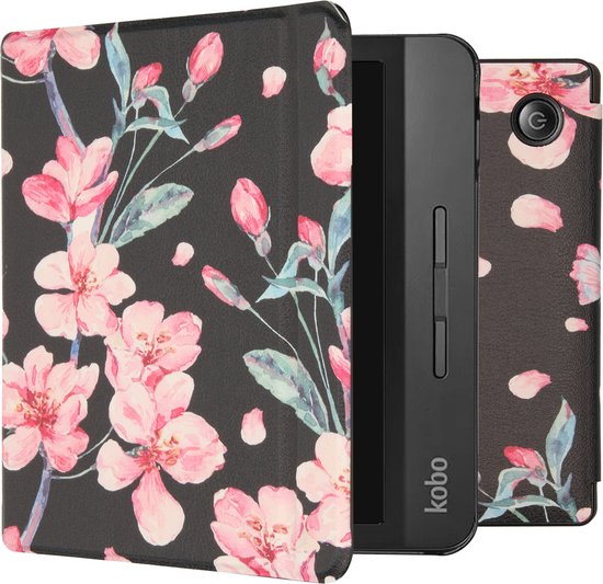 imoshion Ereader Cover / Hoesje Geschikt voor Kobo Libra H2O - imoshion Design Slim Hard Case Sleepcover Bookcase met stand - Blossom Watercolor Black