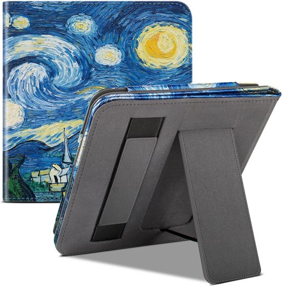 Case2go - E-reader hoes geschikt voor Kobo Libra 2 / Tolino Vision 6 - Sleepcover - Auto/Wake functie - Met handstrap - Sterrenhemel