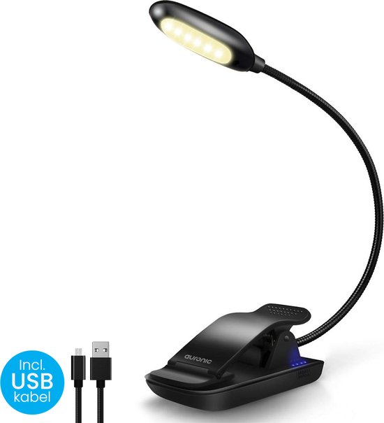 Auronic Leeslampje voor Boek - Bedlamp - USB Oplaadbaar met Klem - Draadloos - Verstelbaar - Flexibel - Zwart