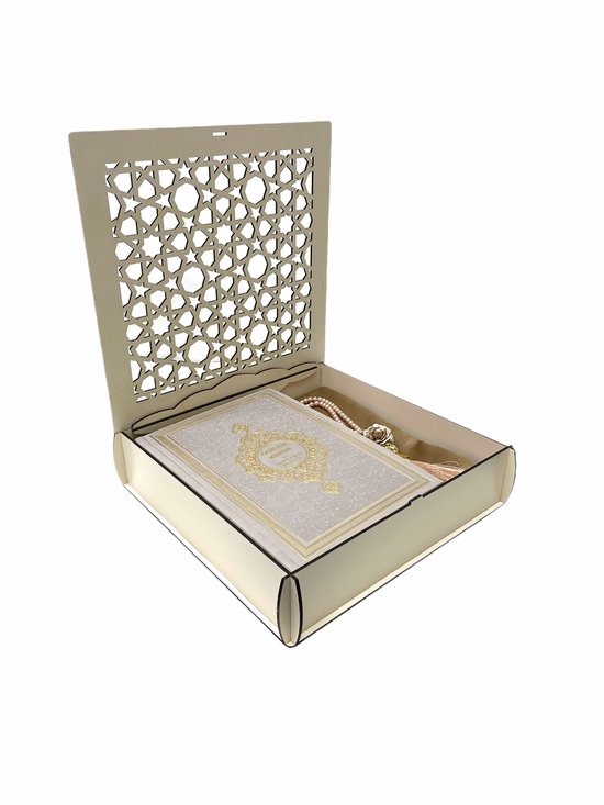 Mirac houten Koran box met een Nederlands vertaalde Koran, gebedskleed en een tasbih creme / taupe