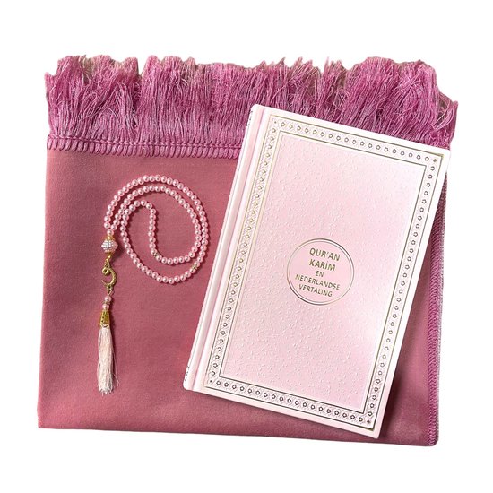 Geschenkset roze met een gebedskleed, parel tasbih en Nederlands vertaalde Koran Kerim