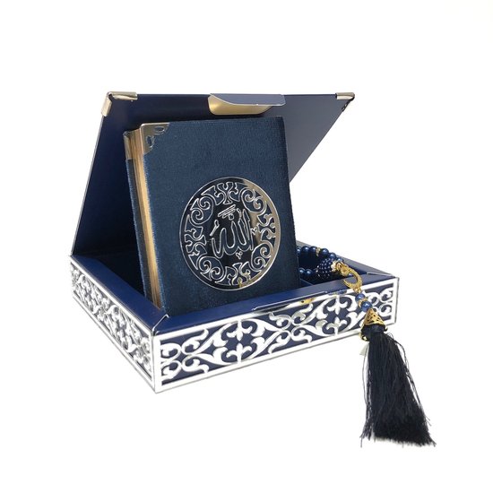 Karton Luxe box met Koran en tesbih Donker Blauw - Zilver