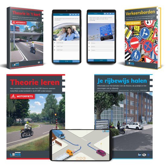 Motor Theorieboek 2024 Compleet Pakket - Rijbewijs A - Onbeperkt 60 Online examens, 9 toetsen en 3250 oefenvragen met Samenvatting, Mobiele Apps, Praktijkbegeleiding en Verkeersborden - Lens Media