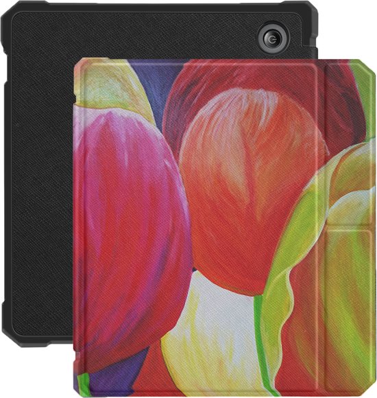 Lunso - Geschikt voor Kobo Libra 2 hoes (7 inch) - Vegan Saffiano Leren sleep cover - Tulpen