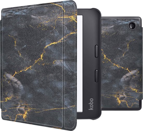 iMoshion Ereader Cover / Hoesje Geschikt voor Kobo Libra 2 / Tolino Vision 6 - iMoshion Design Slim Hard Case Sleepcover Bookcase met stand - Zwart / Black Marble