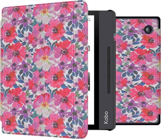 imoshion Ereader Cover / Hoesje Geschikt voor Kobo Libra H2O - imoshion Design Slim Hard Case Sleepcover Bookcase met stand - Flower Watercolor