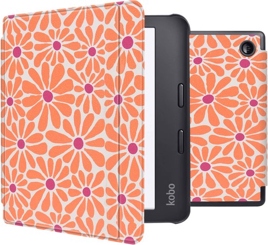 imoshion Ereader Cover / Hoesje Geschikt voor Kobo Libra 2 - imoshion Design Slim Hard Case Sleepcover Bookcase met stand - Orange Flowers Connect