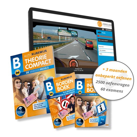 Theorieboek Rijbewijs B Auto 2024 Compact - 3 Maanden Onbeperkt Oefenen - 2500 Oefenvragen en 60 Examens - CBR Info en Bordenboek - VekaBest